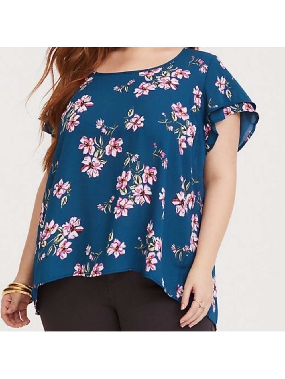Torrid Blue butterfly  Short-Sleeve Tee in Teal with Pink Flowers